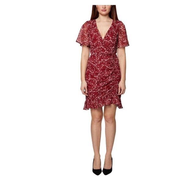 BCBGeneration Women Flutter Sleeve Ruched Front Ruffle Hem V-Neck Dress Size 10 - Picture 1 of 13